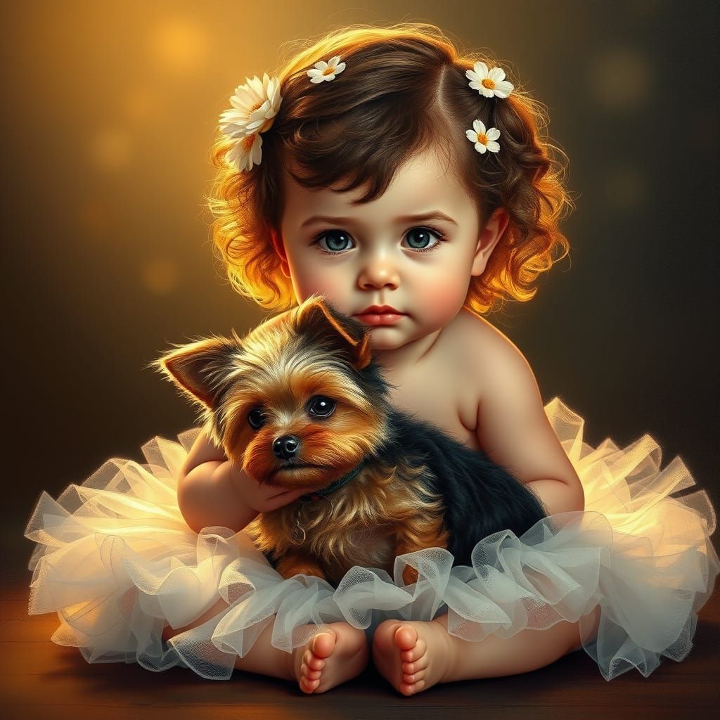 Baby Girl Cradles Yorkie in Whimsical Oil Painting