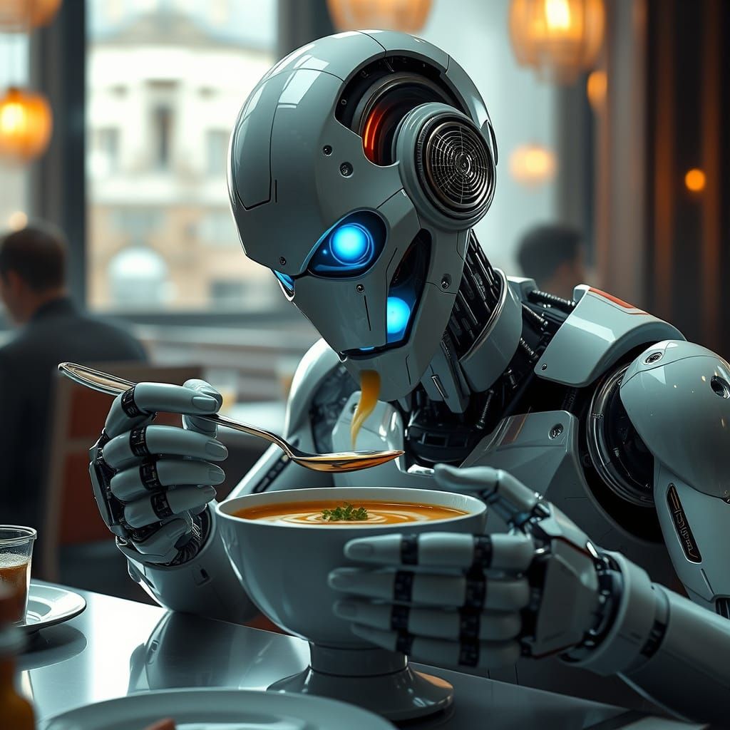 Android Robot Eating Soup in Cinematic Restaurant