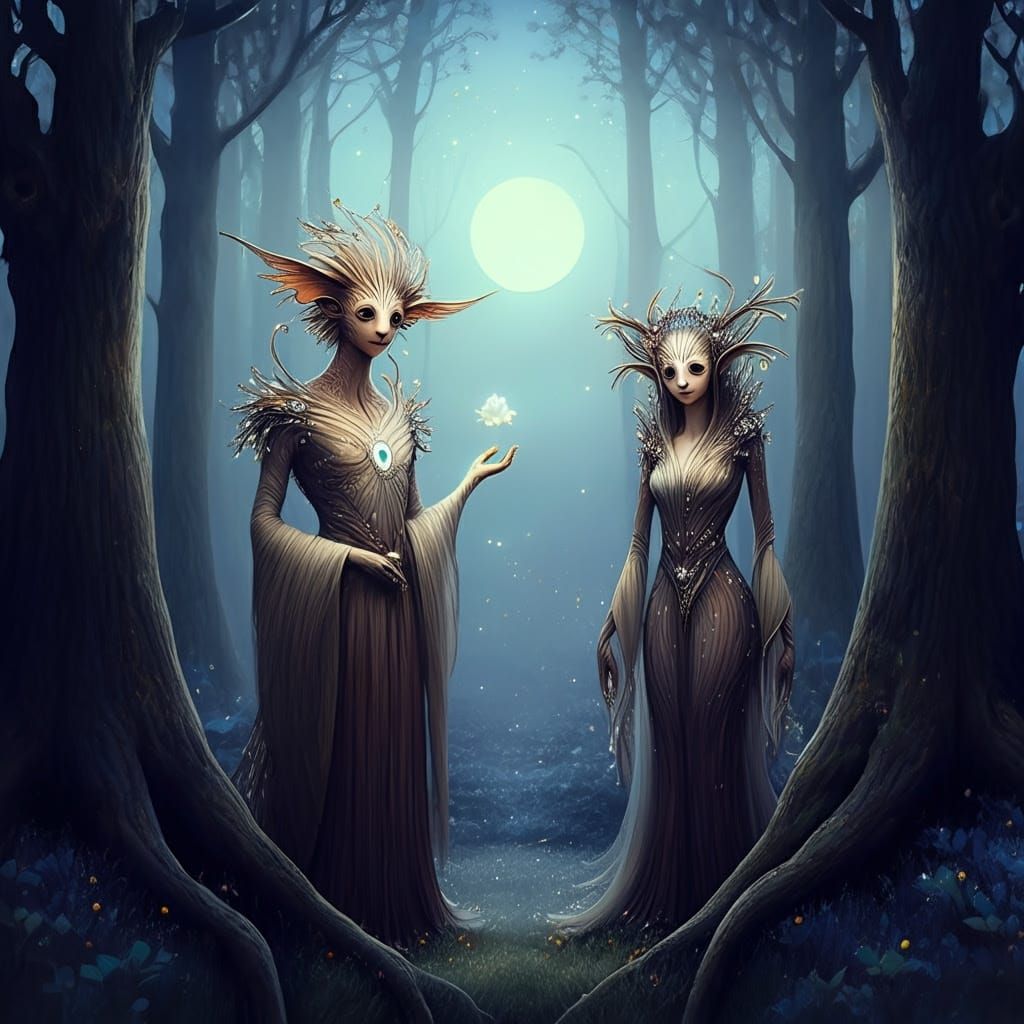Fantasy Creatures Gather in Moonlit Forest