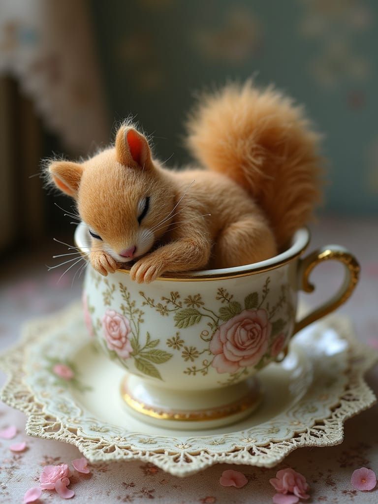 Textile Squirrel Sculpture in Ornate Teacup