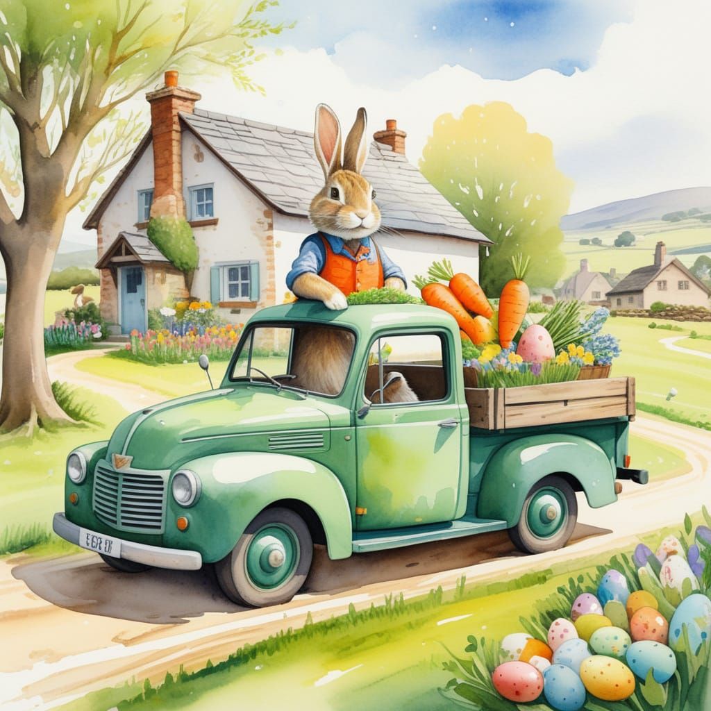 Whimsical Bunny Drives Carrot Truck Through Countryside