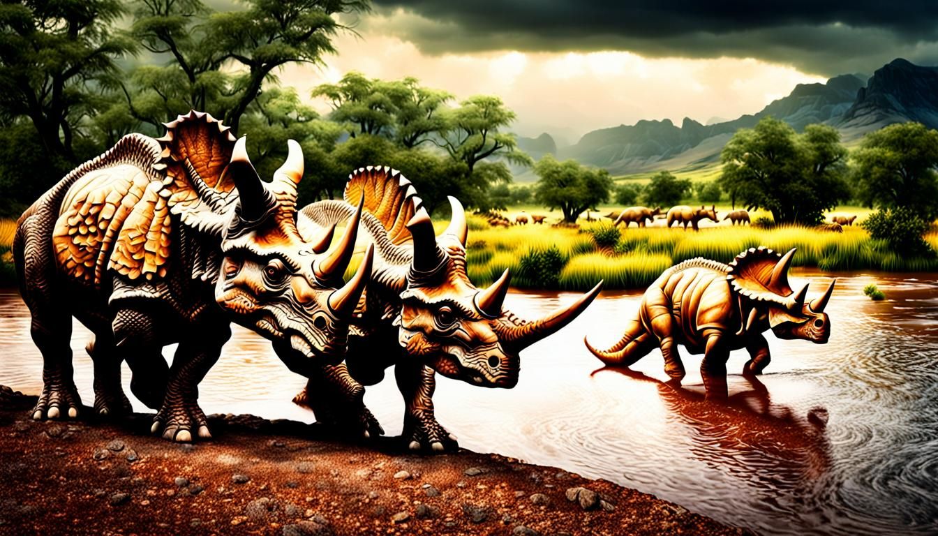 Triceratops Herd by River: Hyperrealistic 64 Megapixel Image