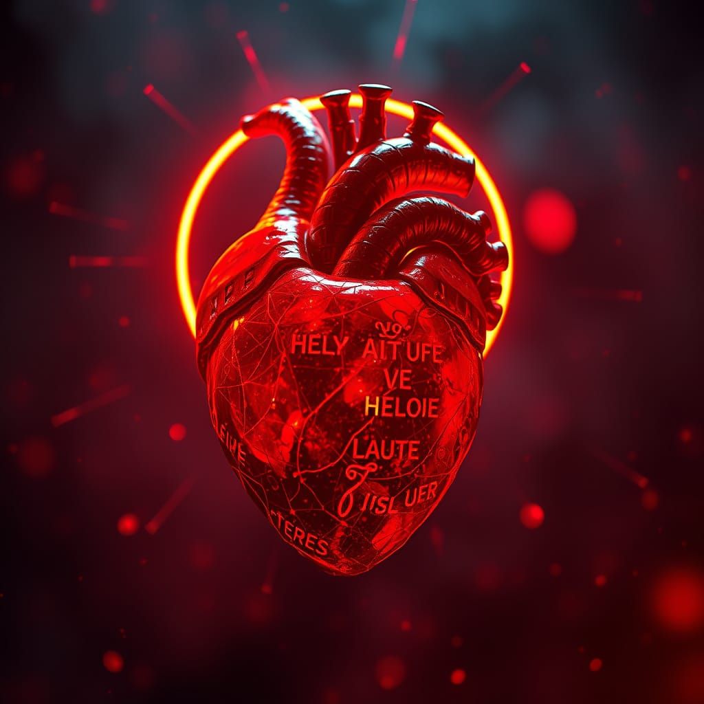Fiery Heart with Golden Halo in Hyperrealistic HDR