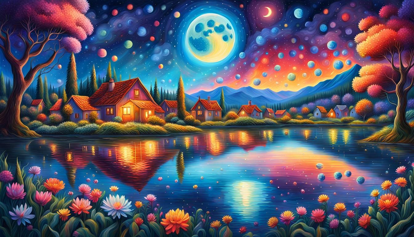 Moon Rising Over Lake Village in Dreamlike Oil Painting
