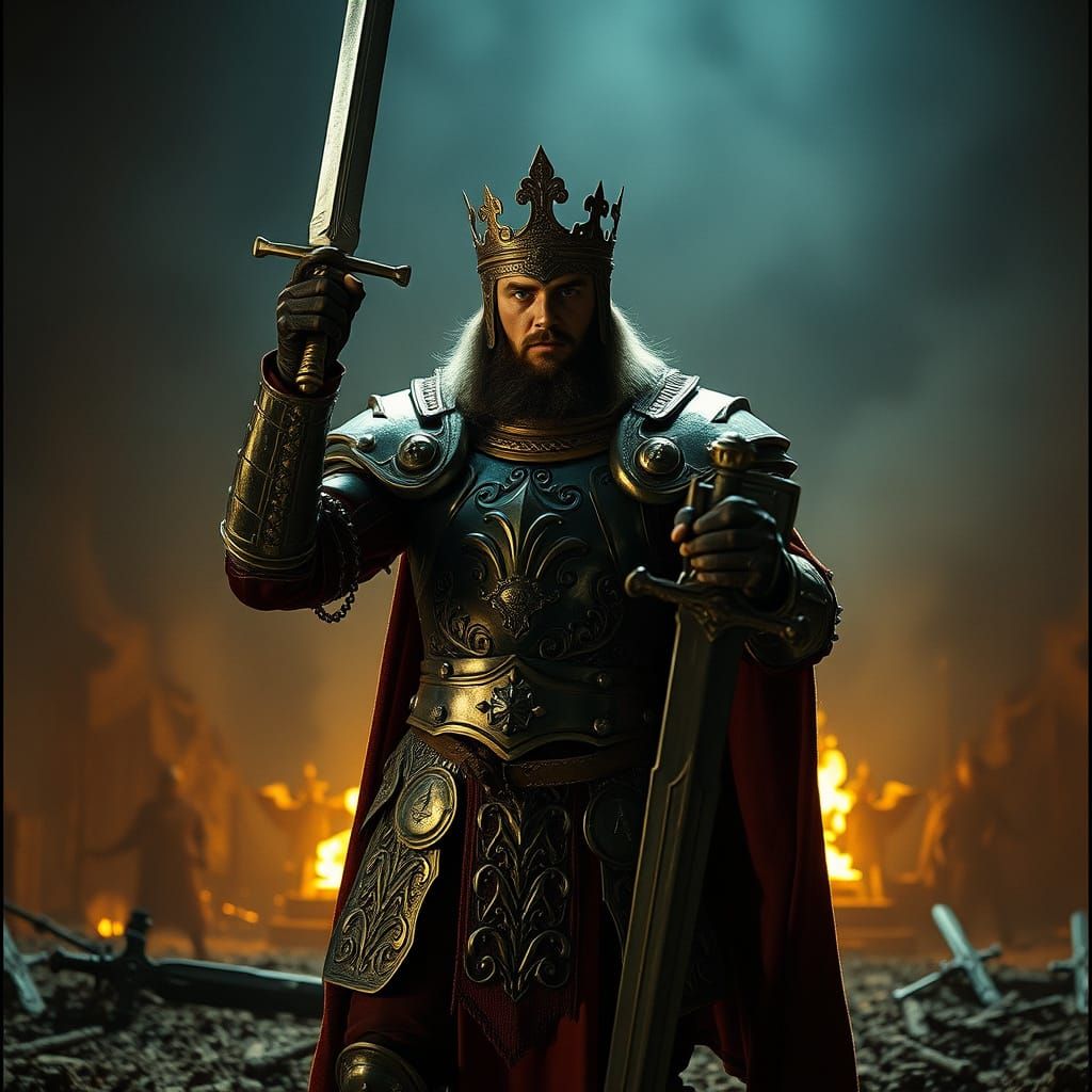 Victorious Armored King in Battle-Scarred Landscape