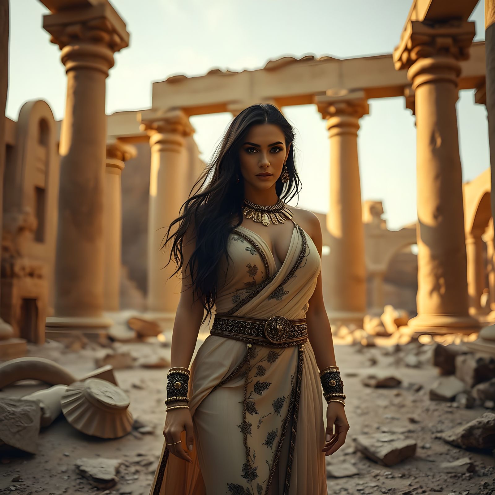 Ethereal Sumerian Priestess Amidst Ruins