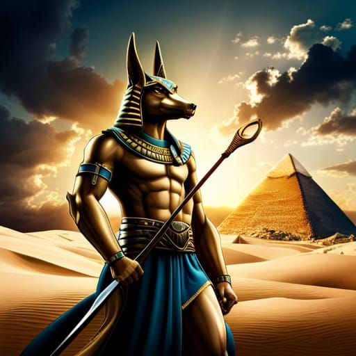 God Anubis Portrait with Pyramids, Dark Fantasy Art