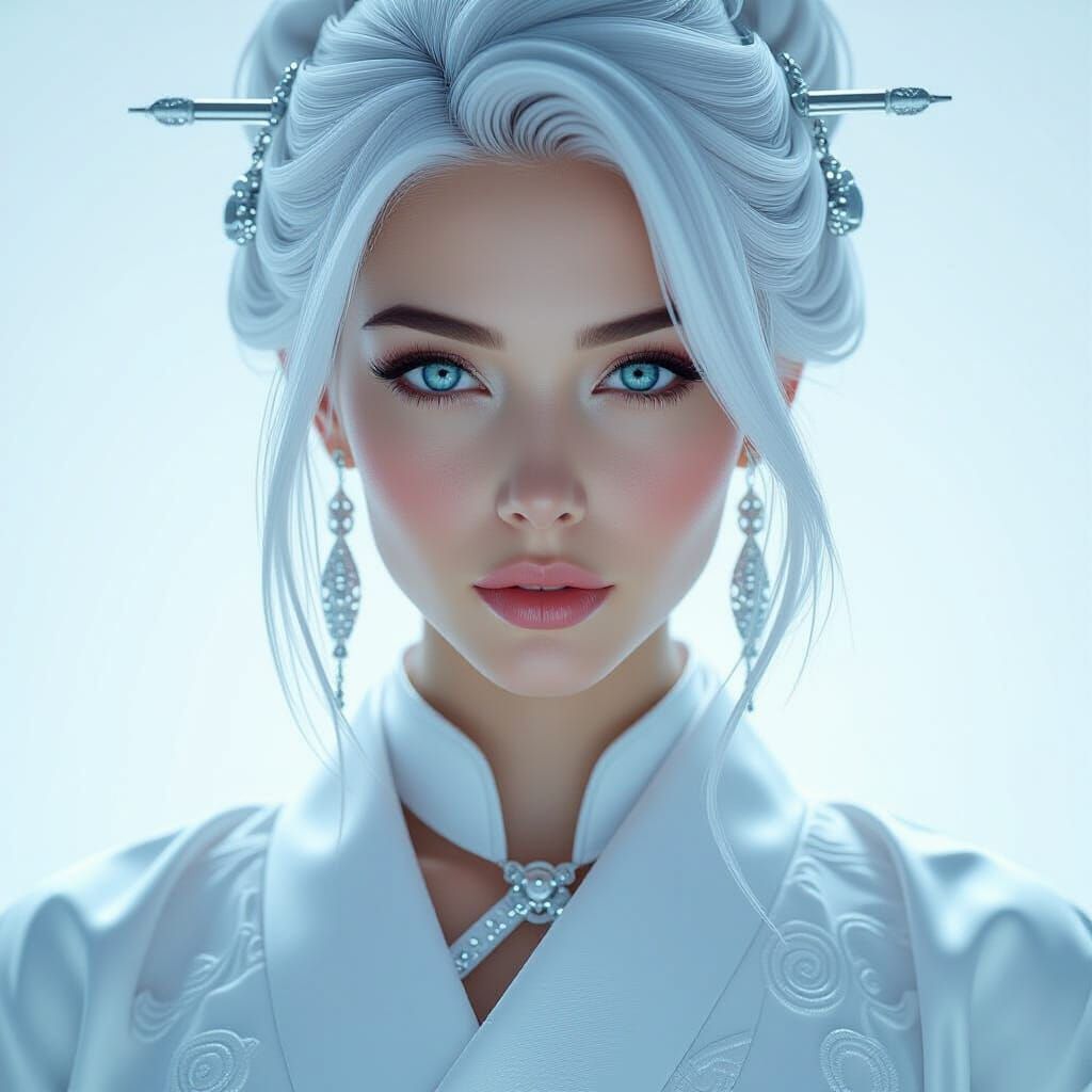 Japanese Woman in White Satin with Futuristic Jewelry