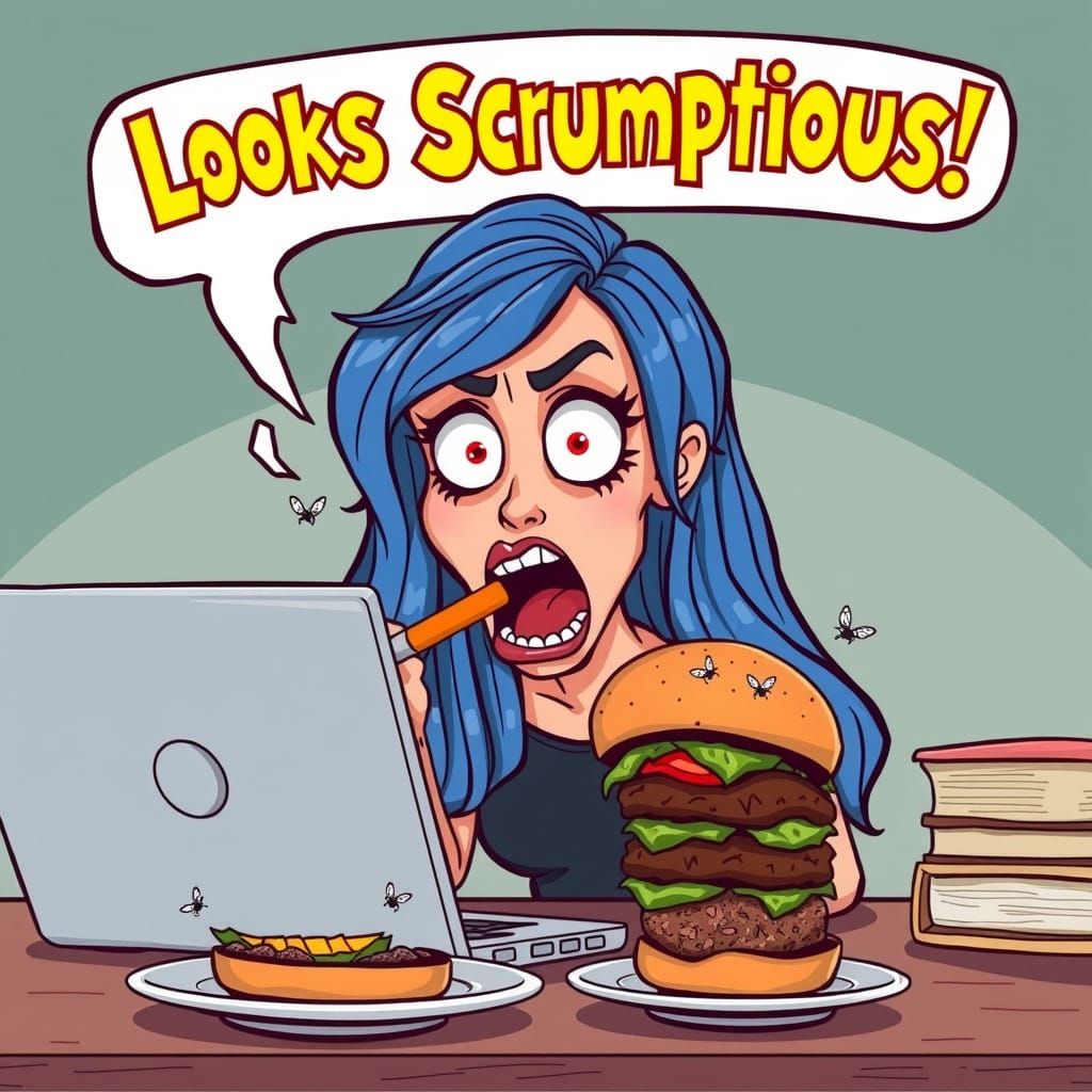 A cartoon woman style of R. CRUMB  with long blue hair at a ...