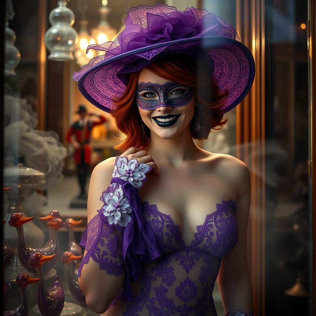 Glamorous Redhead in Murano Glassmaker's Window