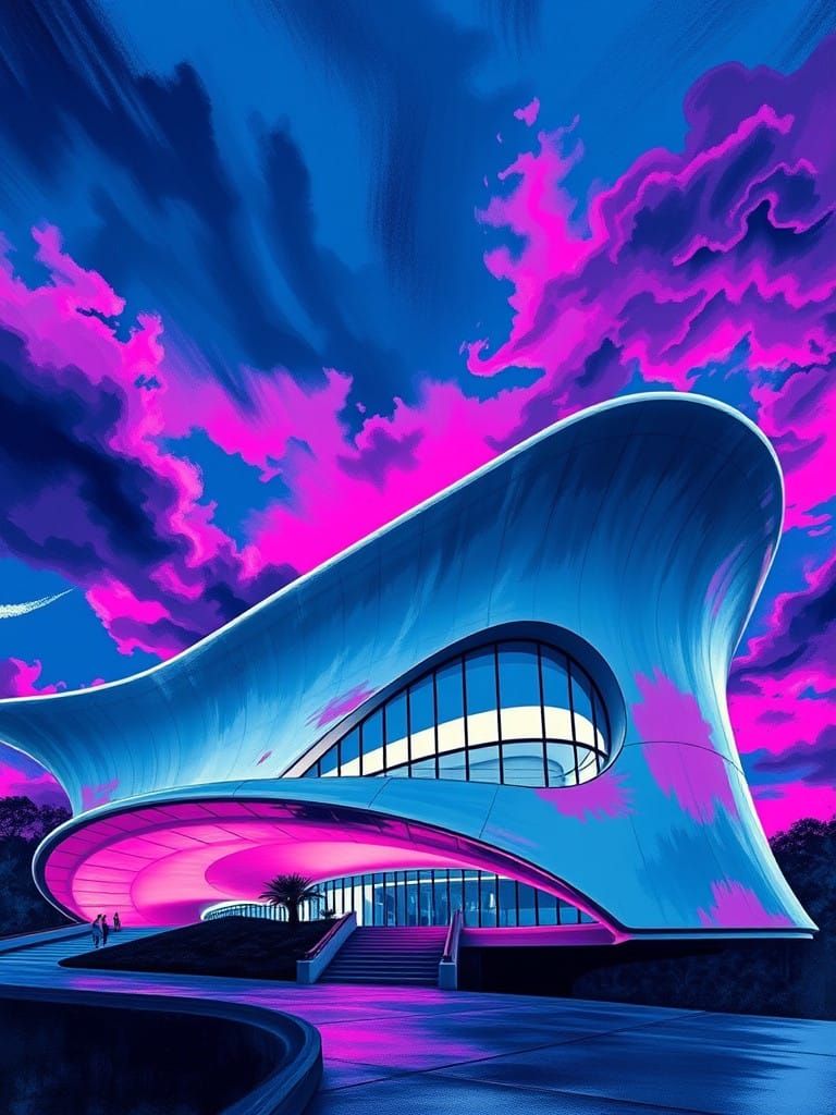 Futuristic Oscar Niemeyer Museum in Cyberpunk Style