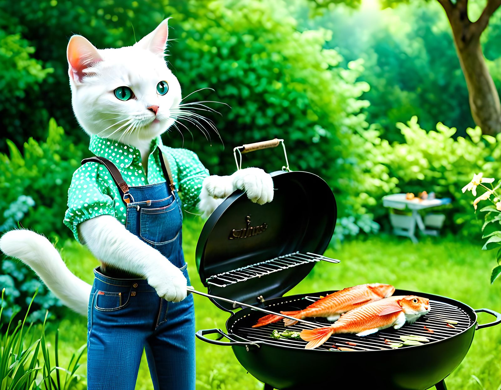 Anthropomorphic White Cat BBQ in Garden