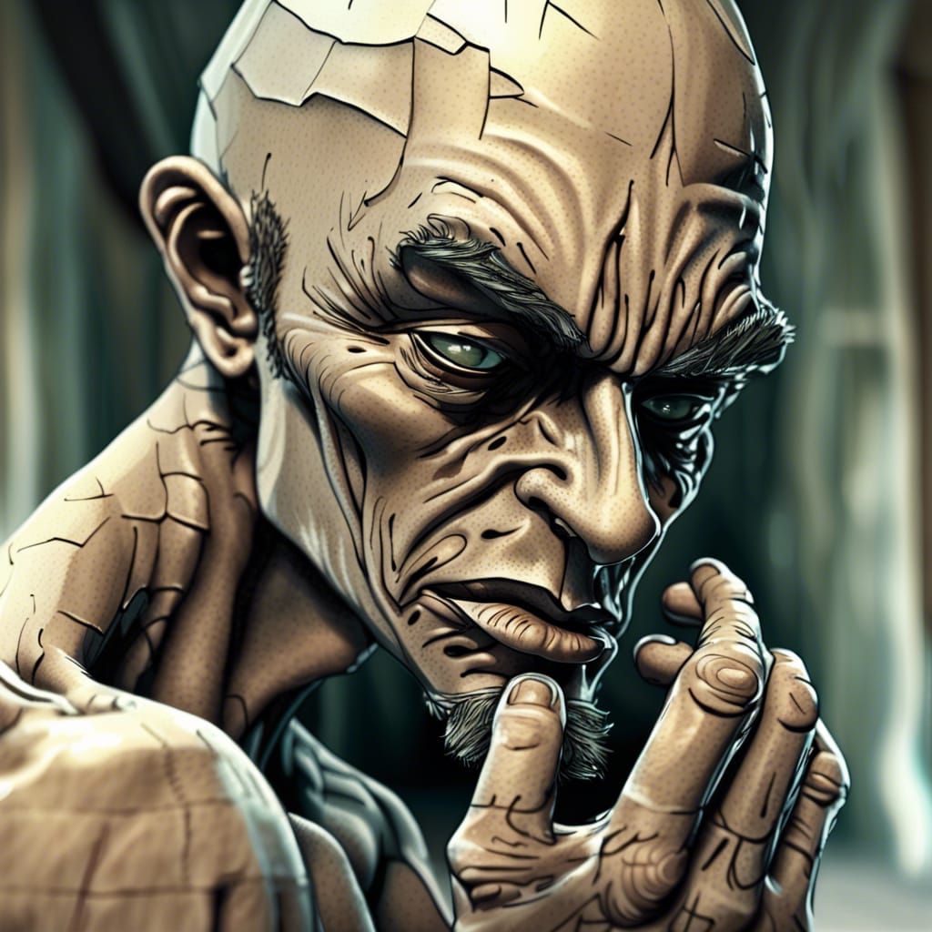 Ragged Old Man Sculpture with Obsidian Gloss