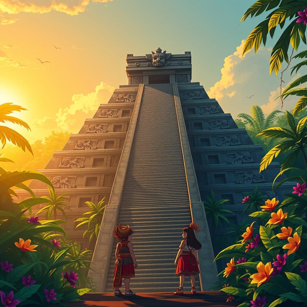 Majestic Aztec Pyramid Rises in Vibrant Jungle Landscape