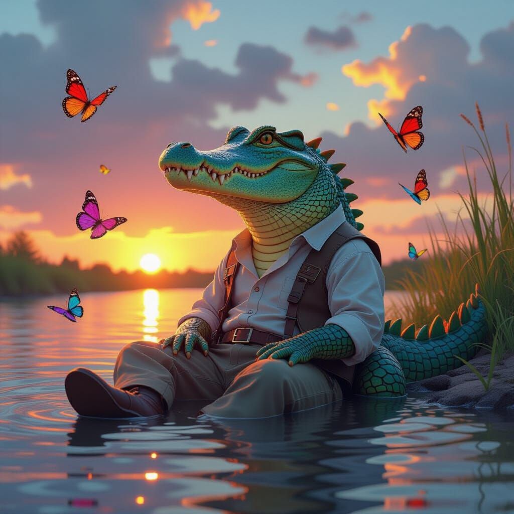 Playful Crocodile with Butterflies in Sunset Scene