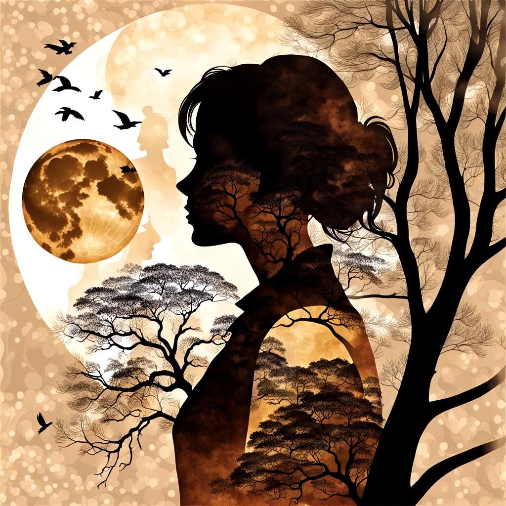 Decoupage Double Exposure: Wistful Moonlight Silhouette