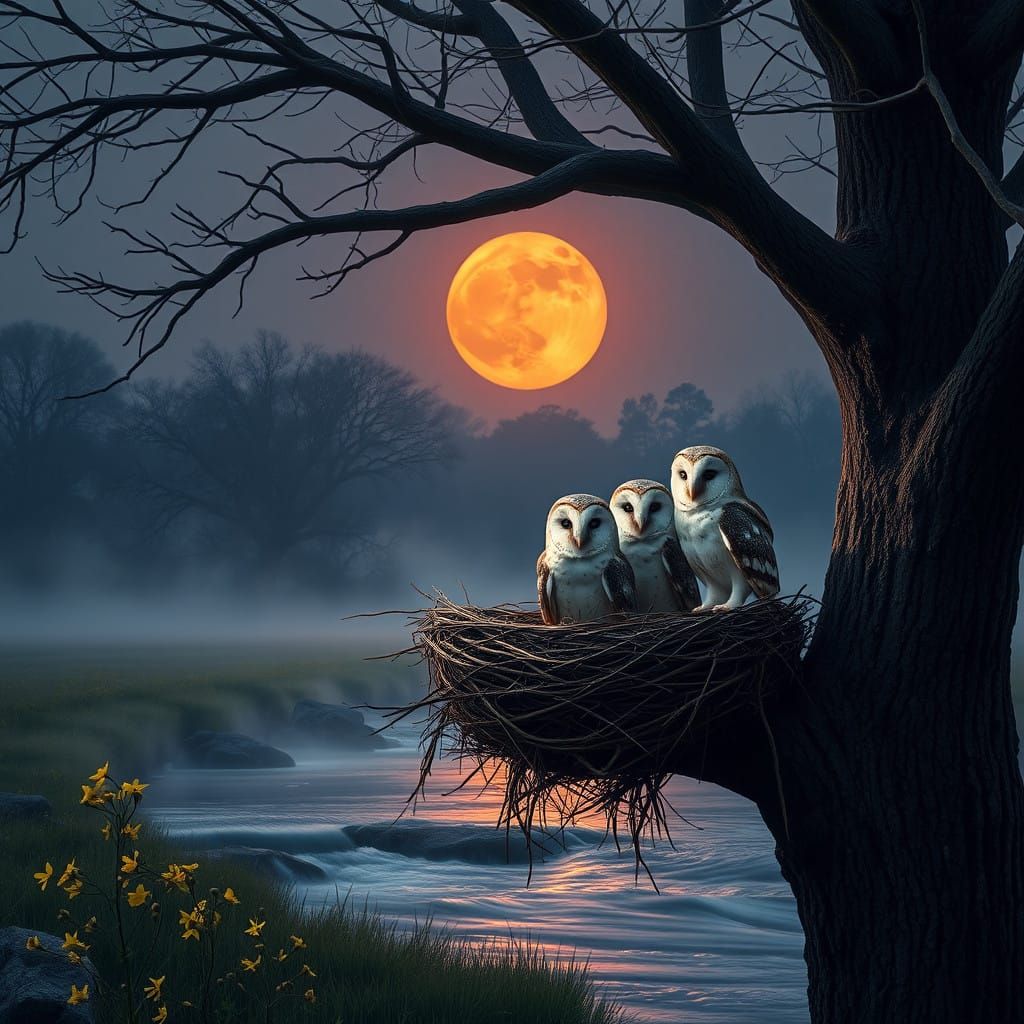 Whispering Barn Owls in Moonlit Oak Tree Haven