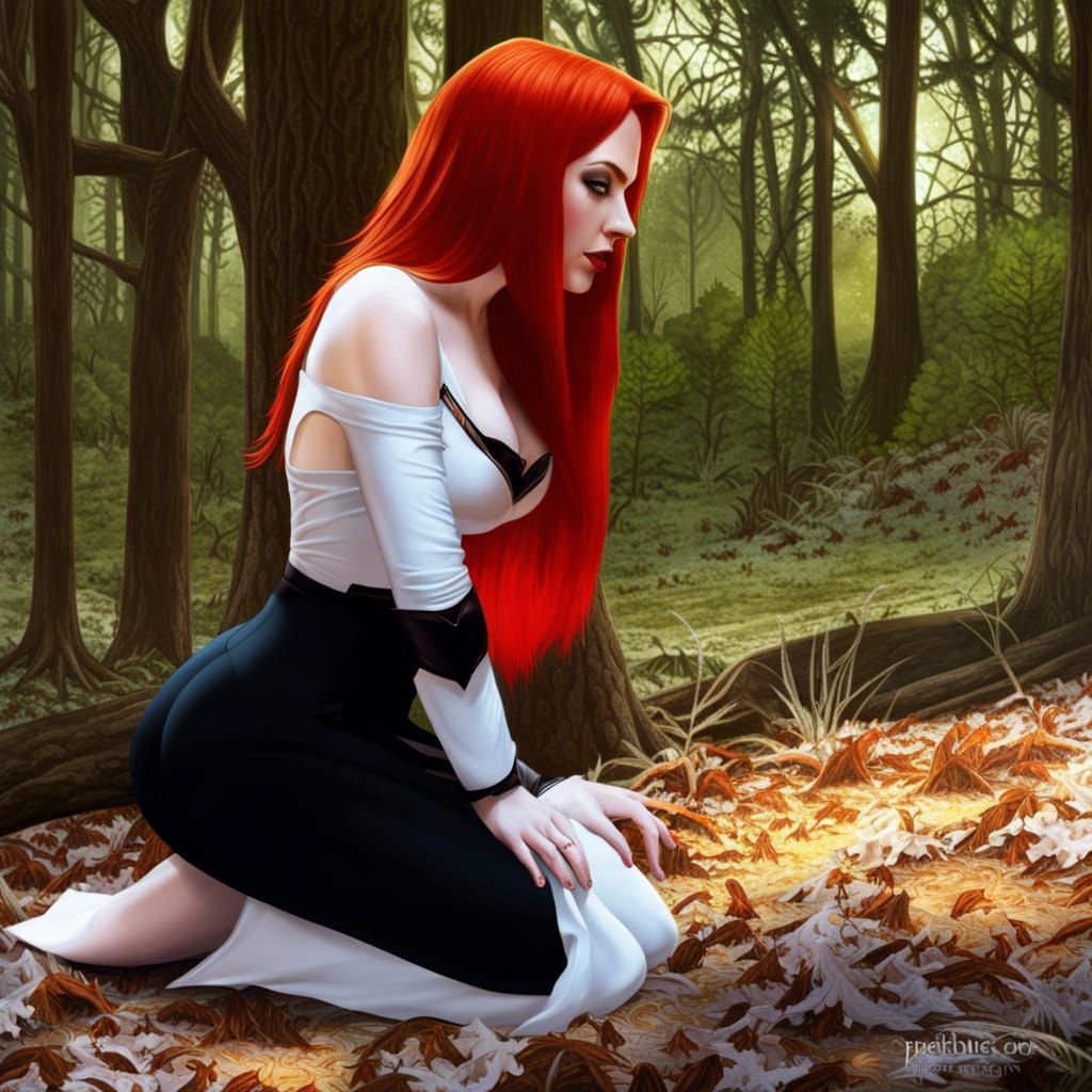 Redhead Vampire Kneeling in Dark Gothic Forest