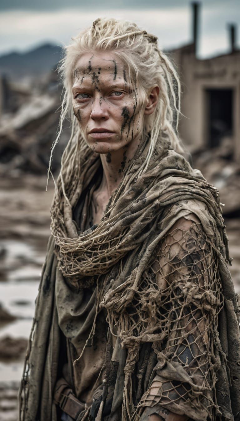 Albino Wasteland Huntress in Post-Apocalyptic City