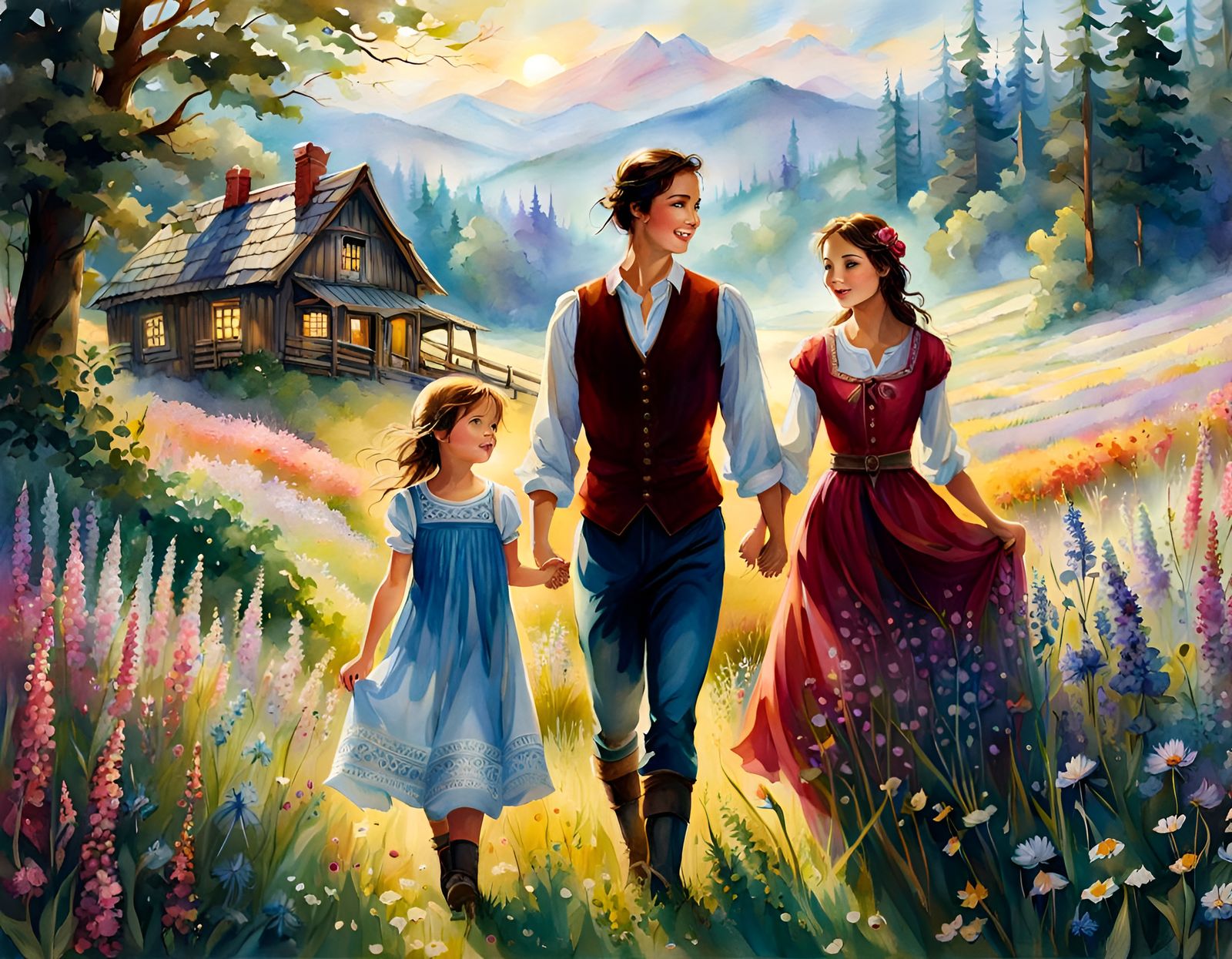 Family Stroll in Flower Meadow, Digital Watercolor Art