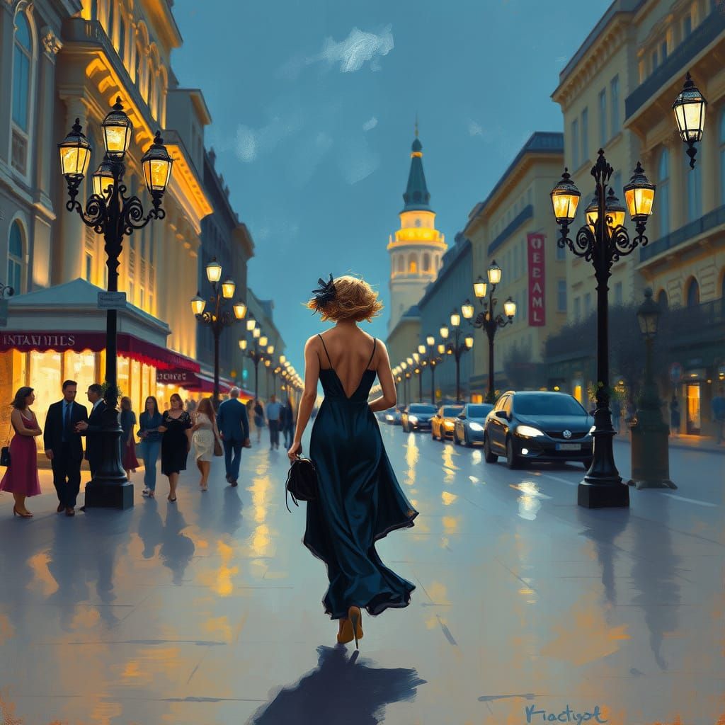Evening Stroll in Odessa: Impressionistic Street Scene