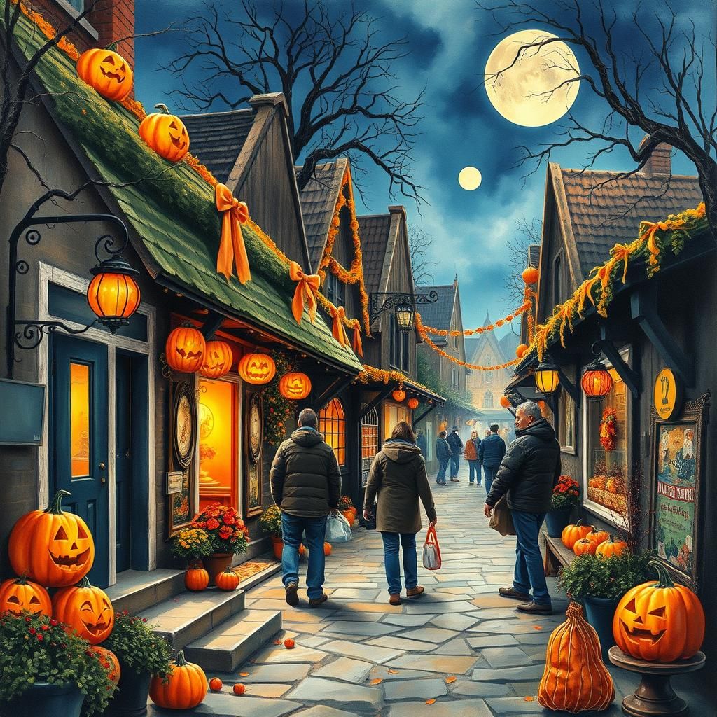 Halloween Village Decorations in Gouache Watercolor Style