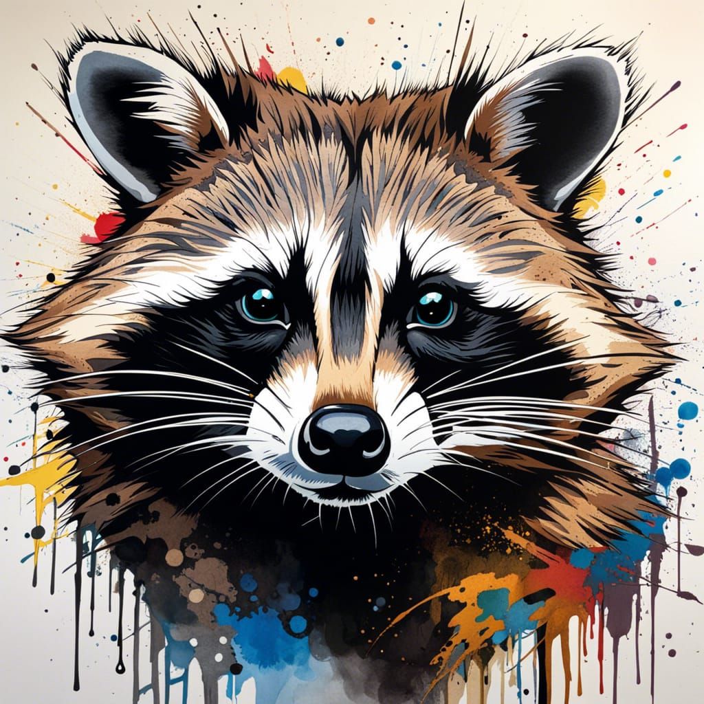 Detailed Ink Portrait of a Raccoon in Splash Art