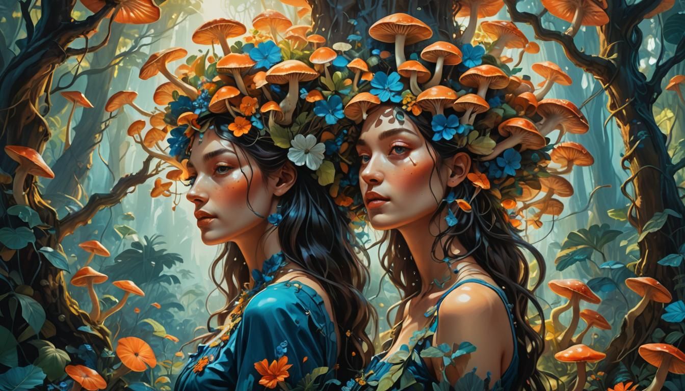Surreal Girl with Flowers and Mushrooms in Forest