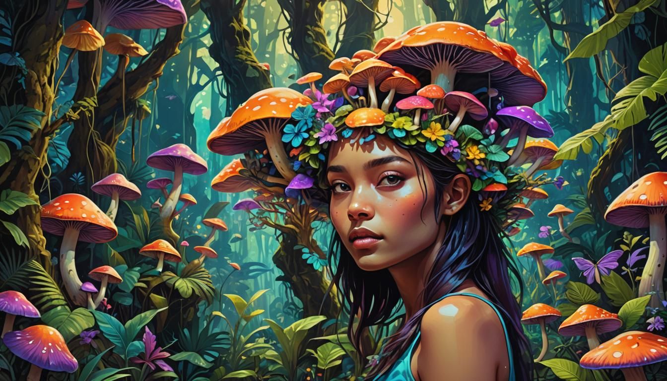 Psychedelic Girl with Flowers in Lush Forest