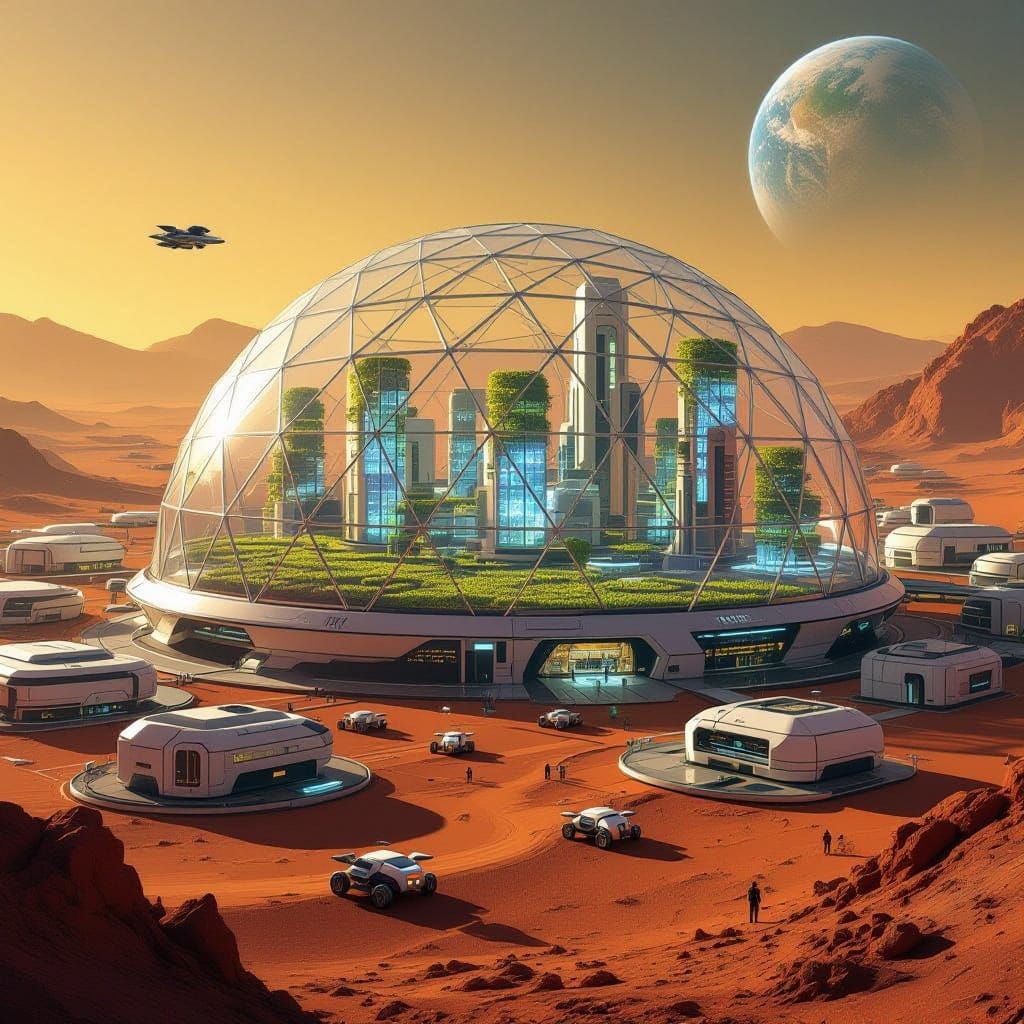 Bustling Martian City in Geodesic Dome with Bioluminescent F...