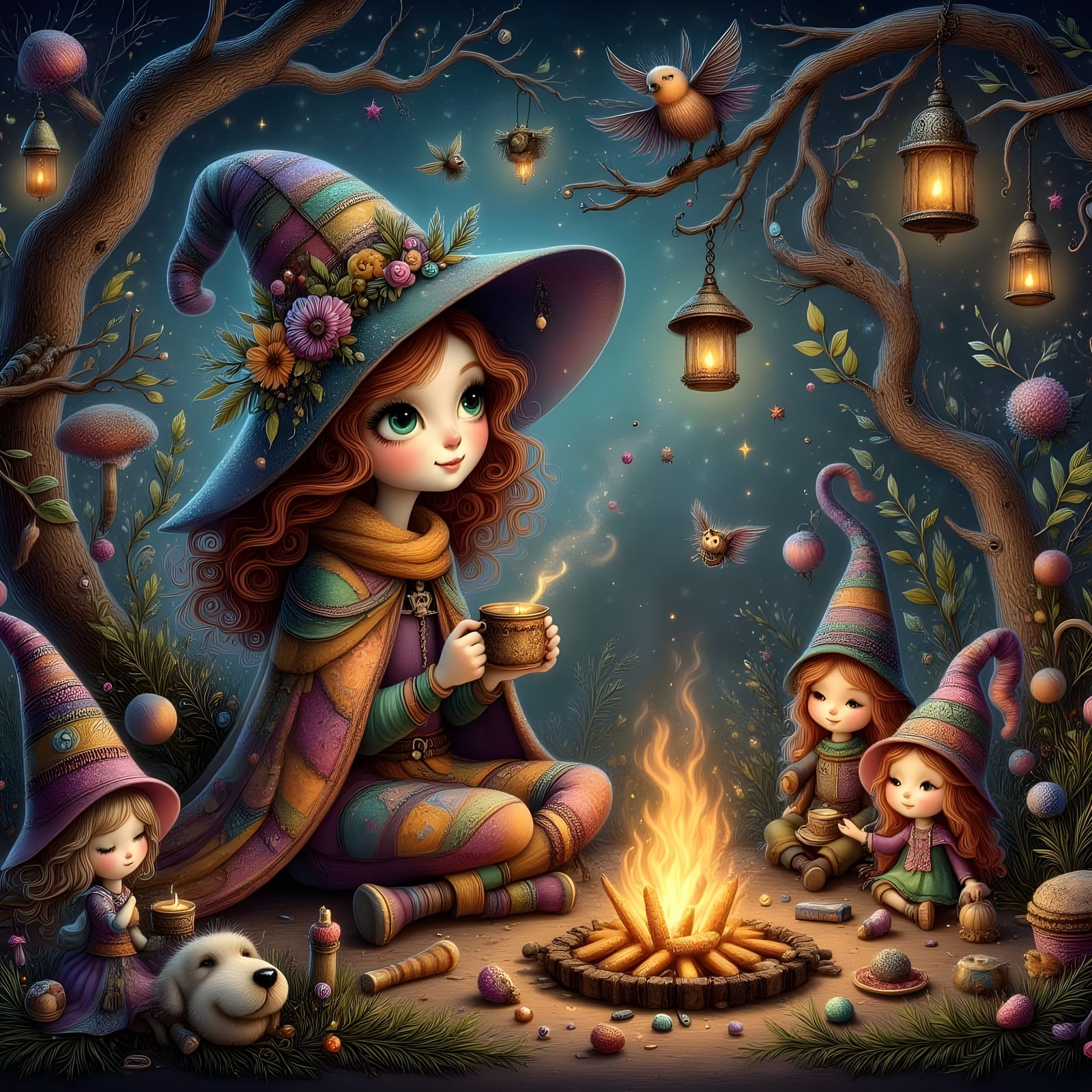 Enchanted Forest Campfire Scene with Girl and Gnomes