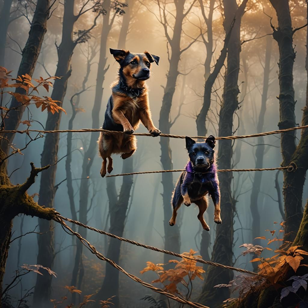 Dog on Tightrope Above Mystical Forest