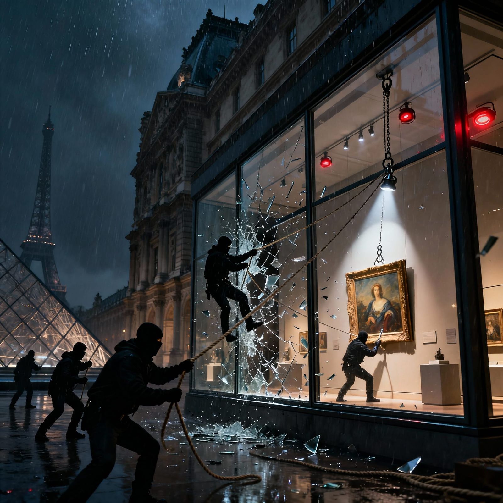 Louvre Museum Heist Under Rainy Night Sky