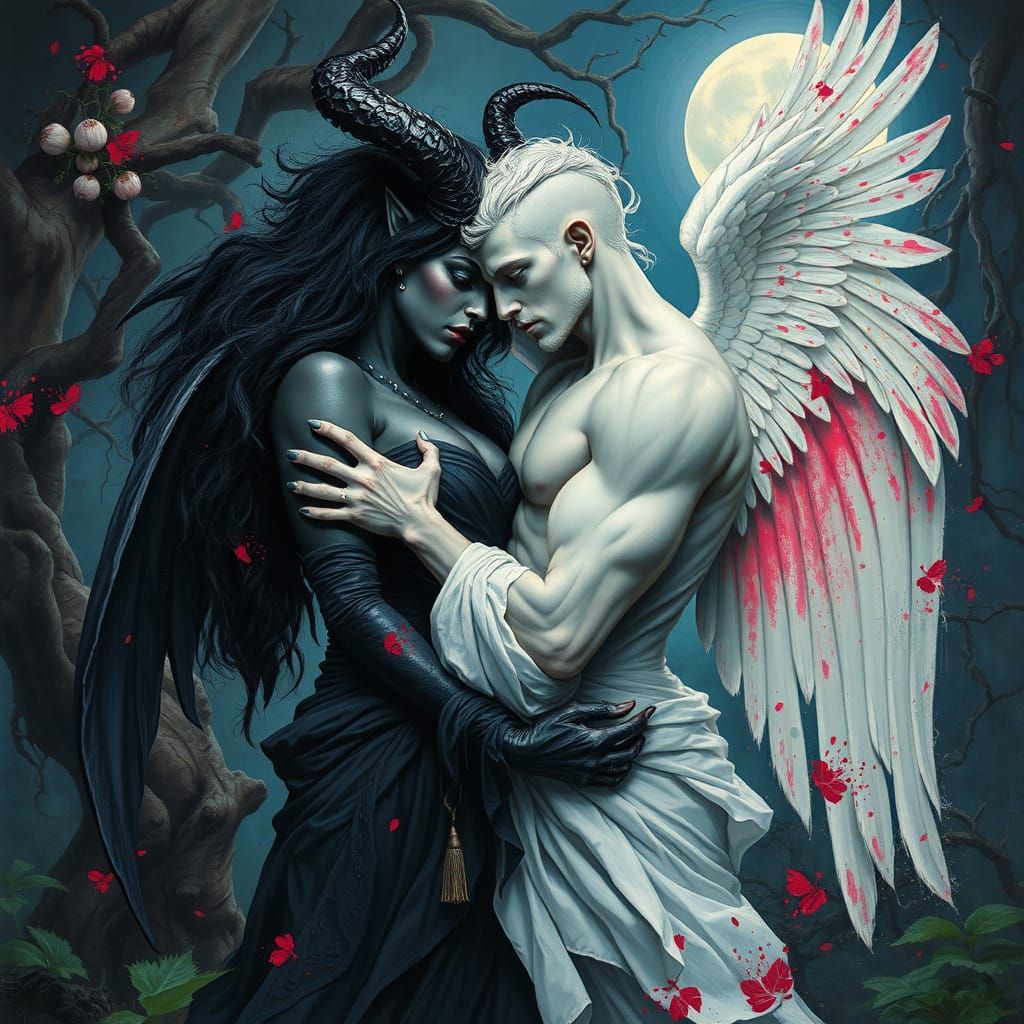 Moonlit Demon and Angel Encounter in a Gnarled Garden