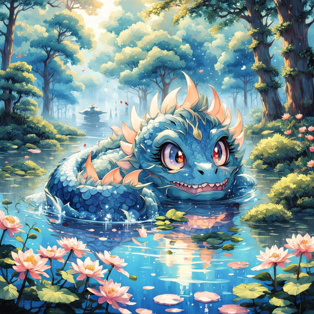 Vibrant Water Dragon Girl in Whimsical Forest