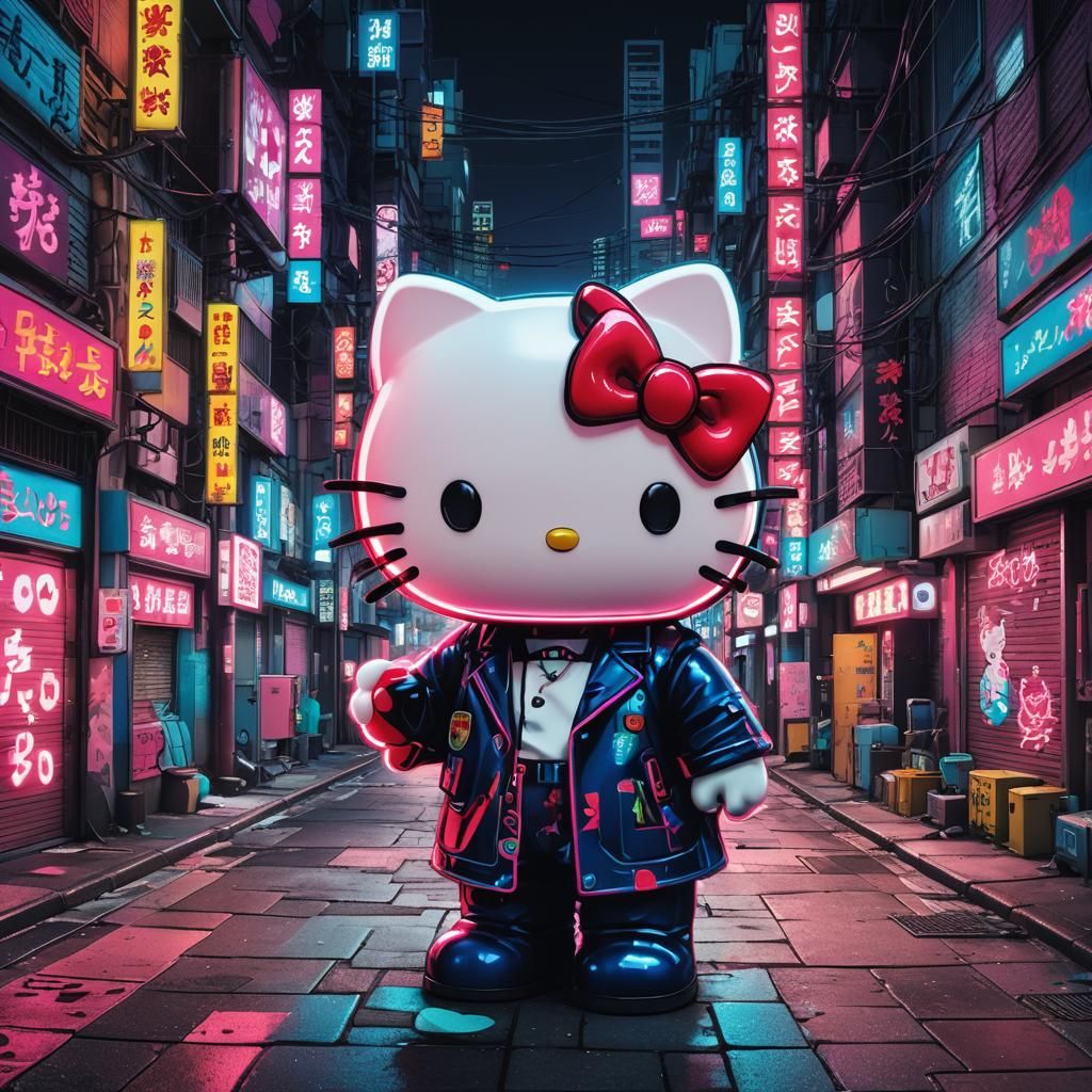 Hello Kitty and Frankenstein in Neon Tokyo Alley