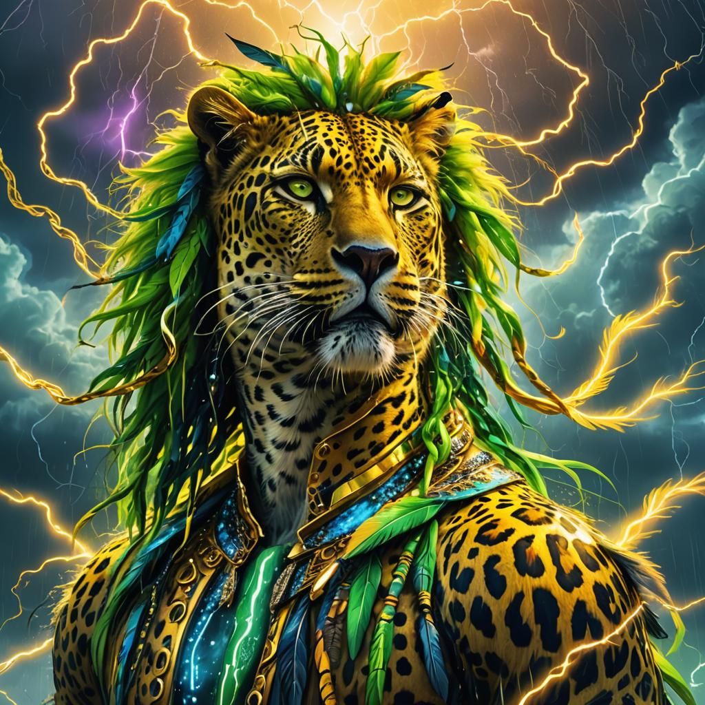 Yellow Leopard Man Floats in a Surreal Sky