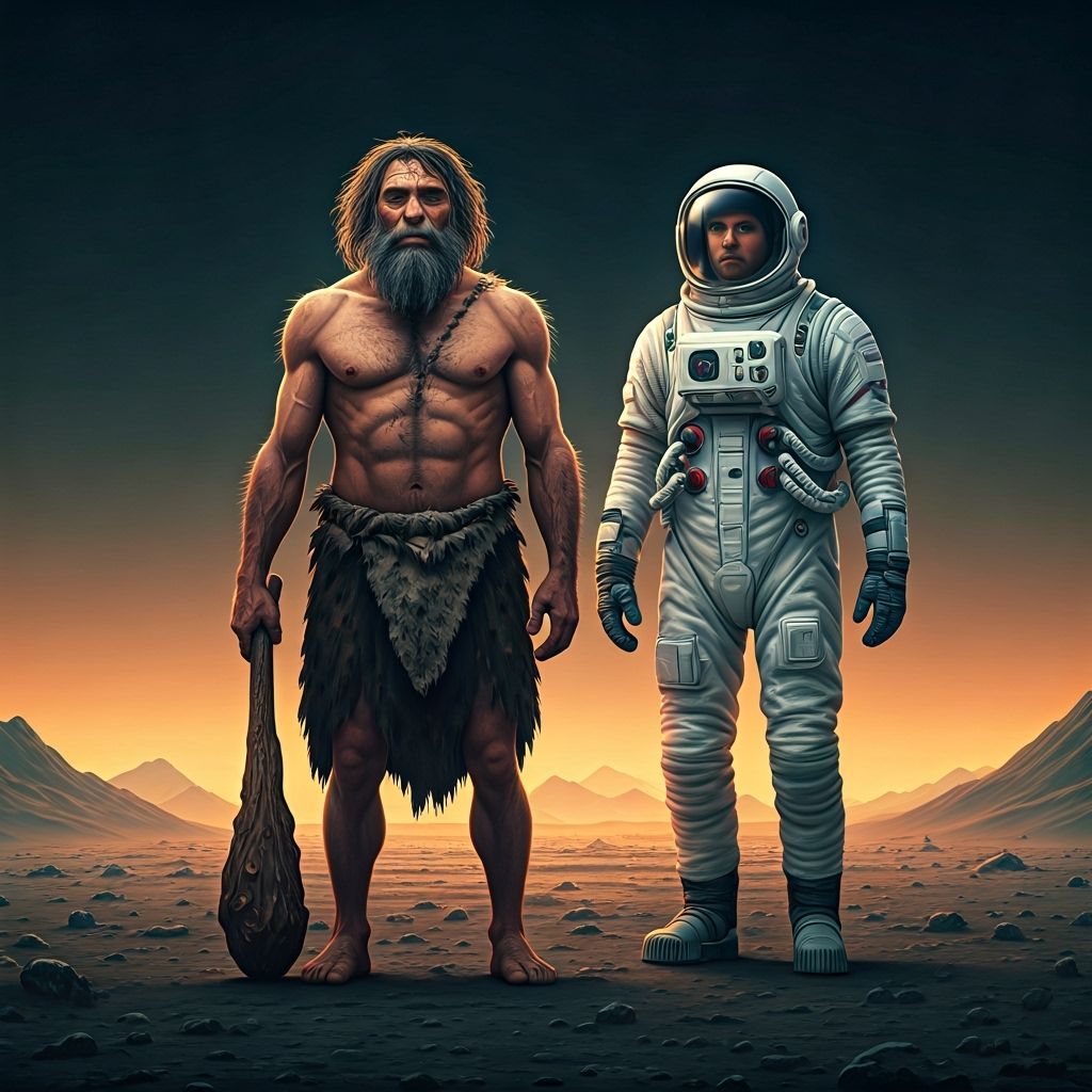 Caveman Meets Astronaut in Lunar Landscape