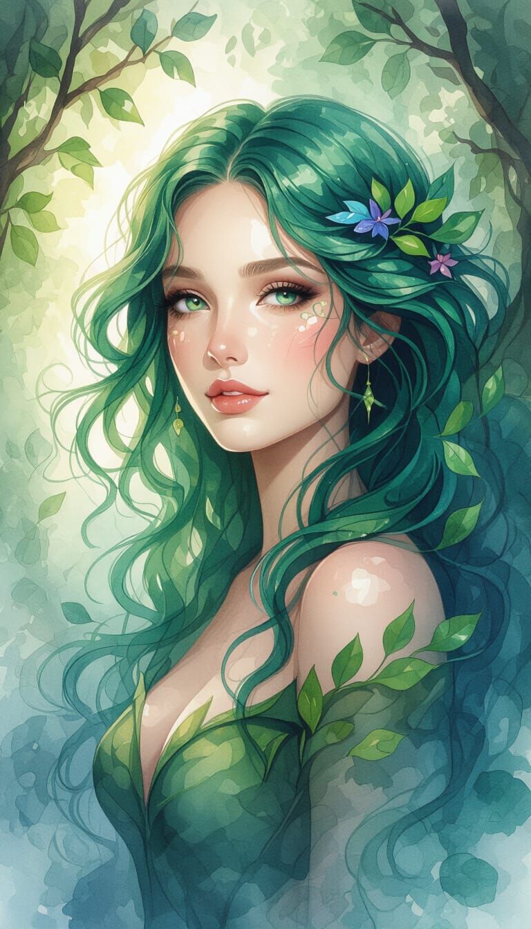 Ethereal Forest Muse in Watercolor Style