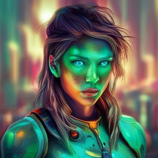 Cyborg Girl Portrait in Neon City
