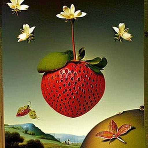 Surreal Strawberry in Hieronymus Bosch Style