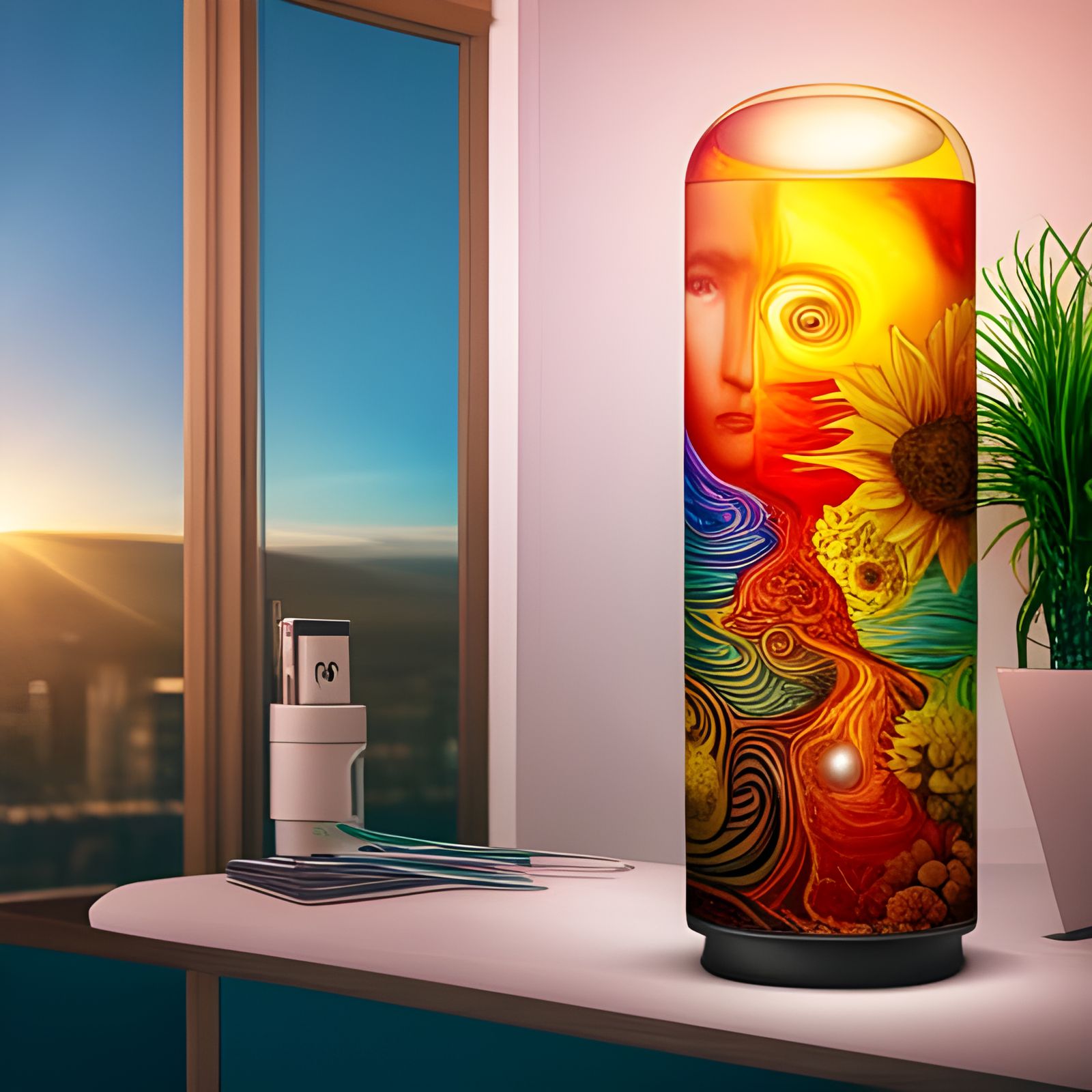Psychedelic Lava Lamp at Sunset, Hyperrealistic Splash Art