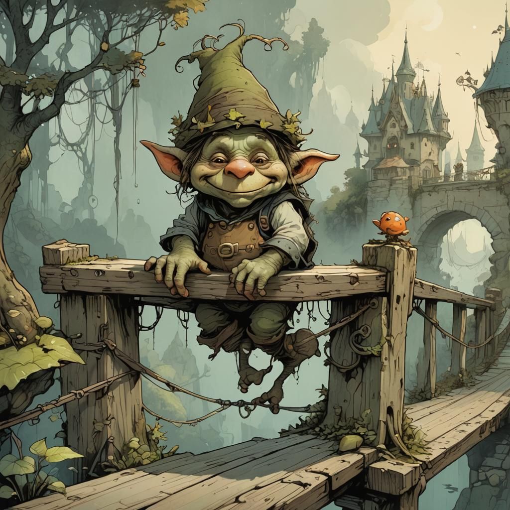 Friendly Troll on Bridge: Surreal Illustration