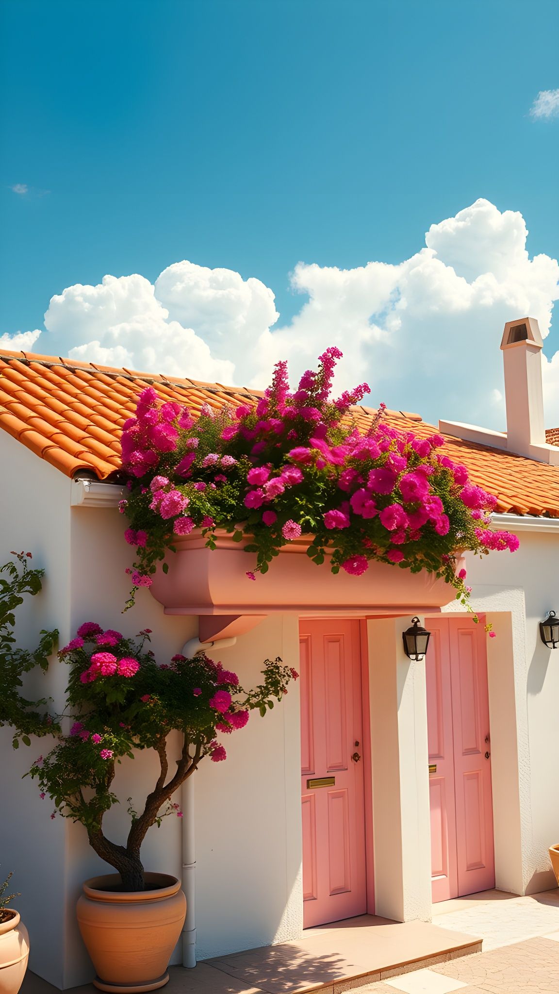 Cozy Greek House with Pink Door and Flower Box