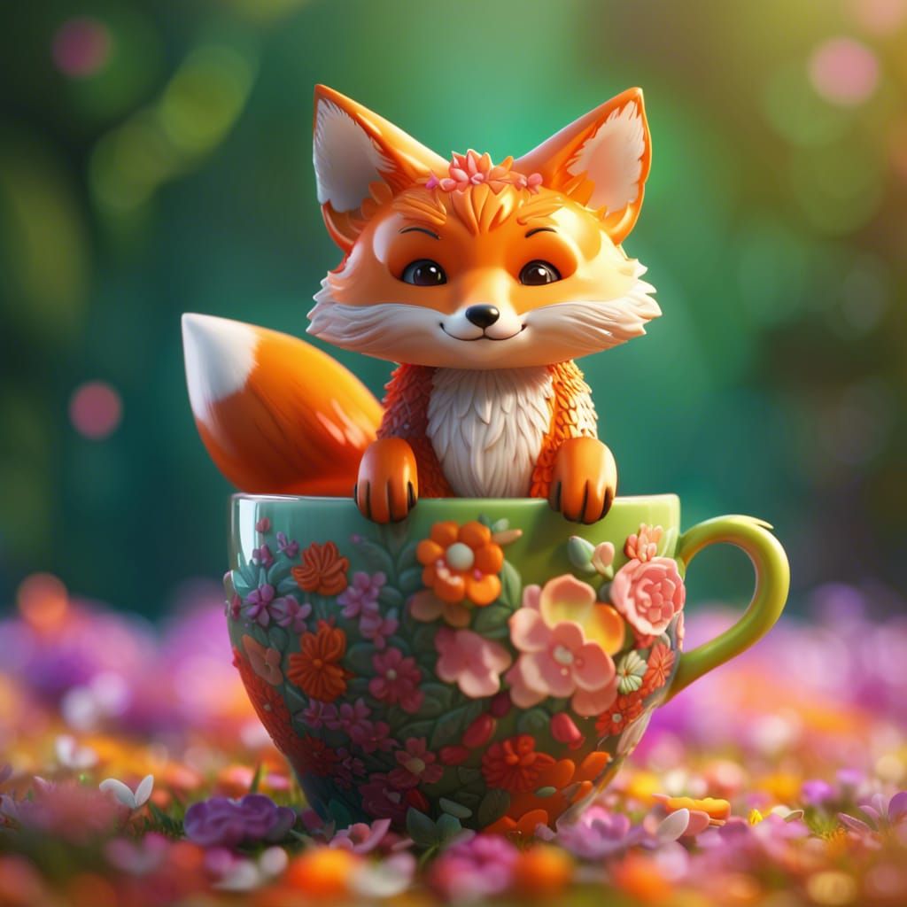 Cute Chibi Fox in Cup: Digital Art by Kinkade