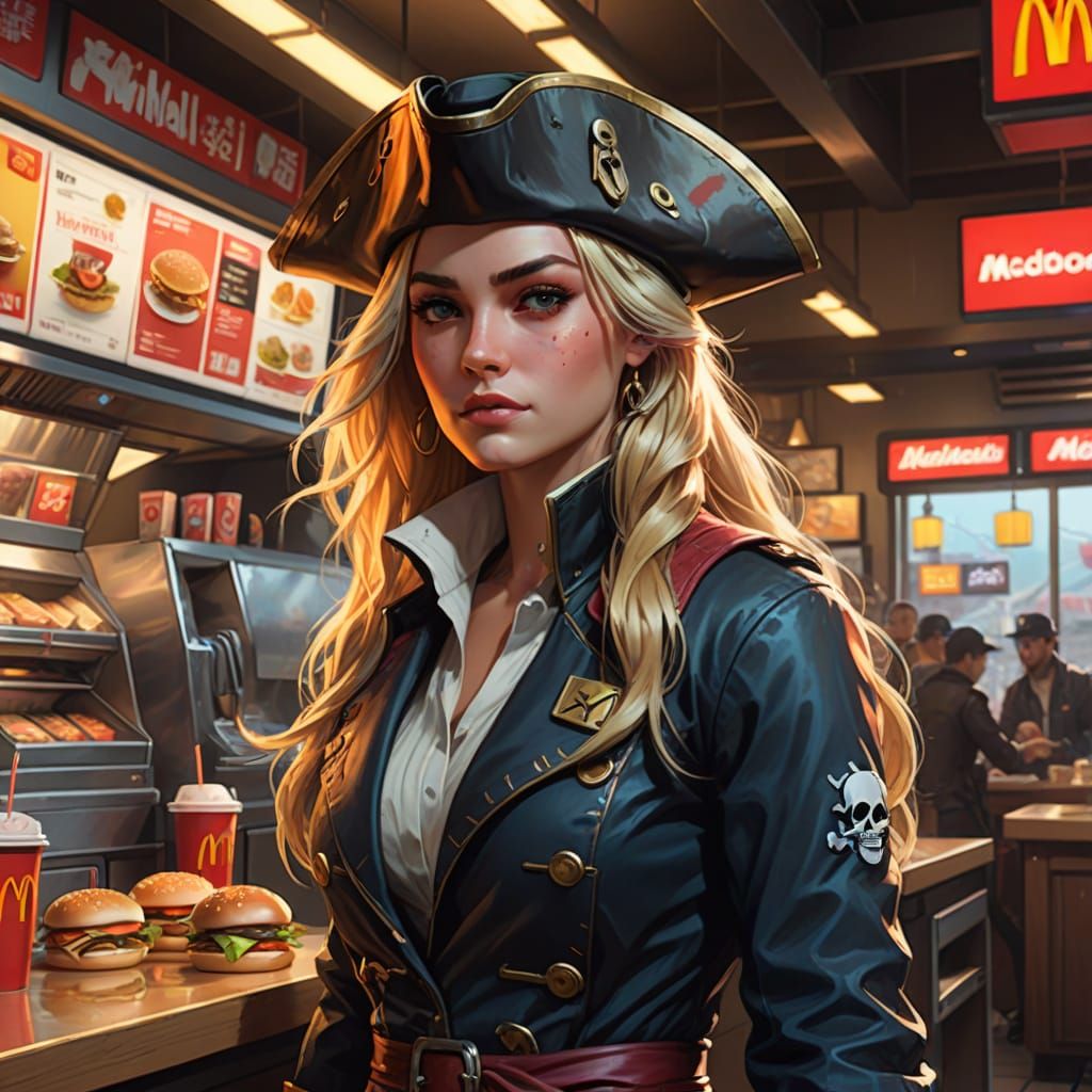 Blond Pirate Girl Visits McDonald's in Vibrant Splash Art