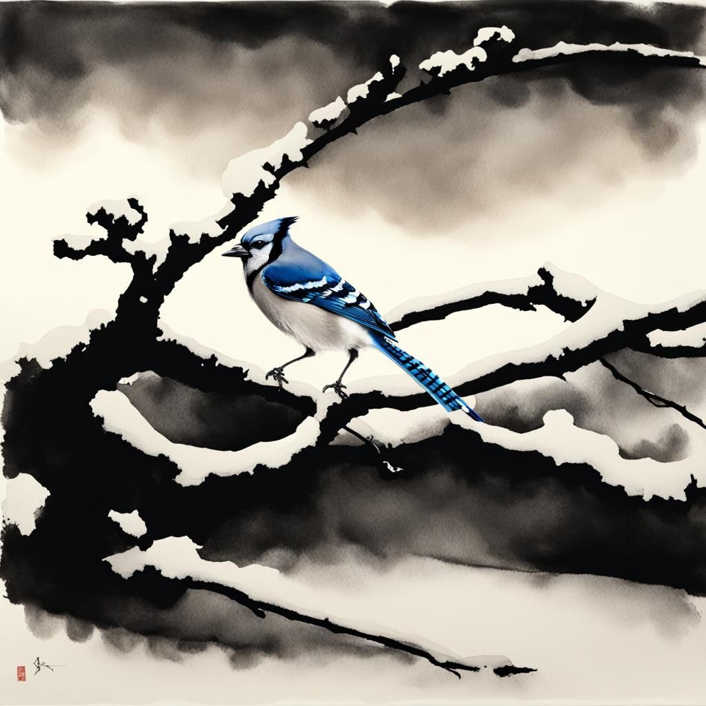 Blue Jay Portrait in Selective Color Ink Wash