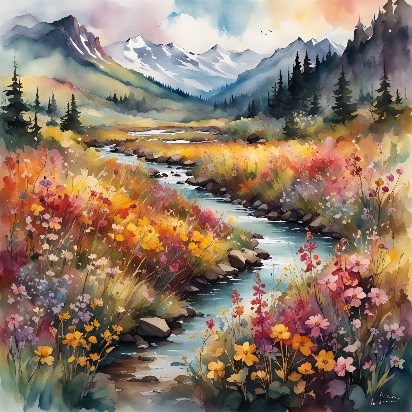Wildflower Meadow: Ink and Watercolor Landscape