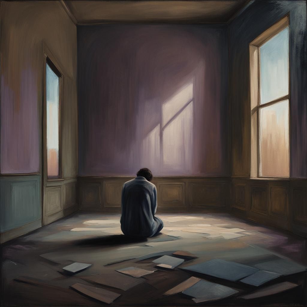Solitary Figure in Abandoned Room: Ethereal Oil Painting