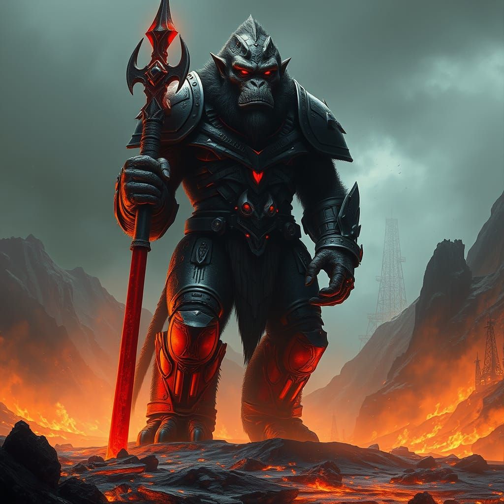 Giant Armored Ape with Glowing Staff in Burned Mountains